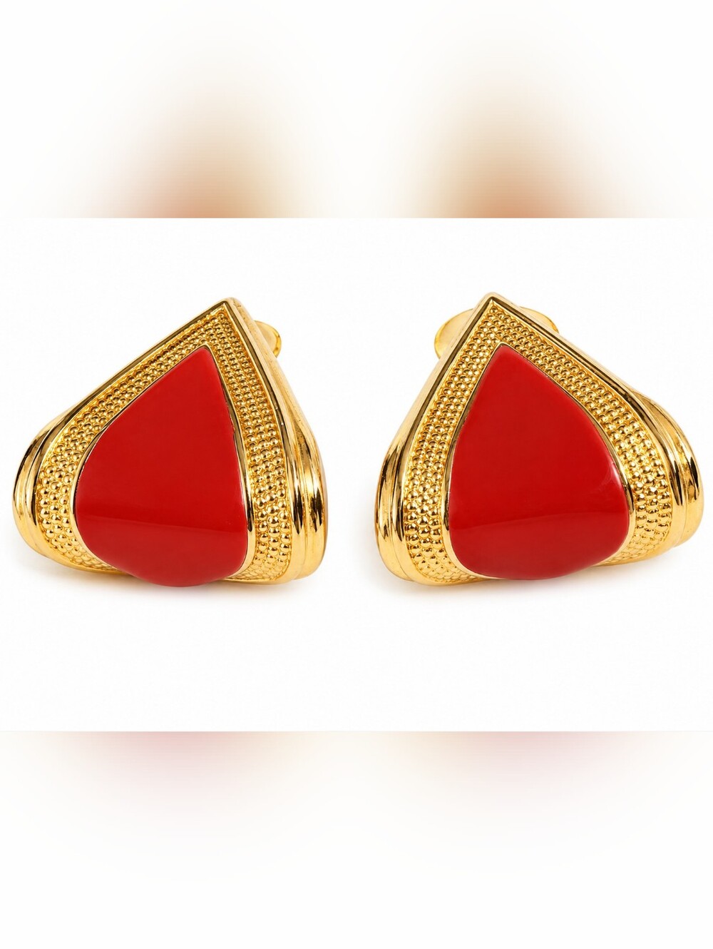 Vintage Gold Tone Red Triangle Trillion Stud Earrings Butterfly Back